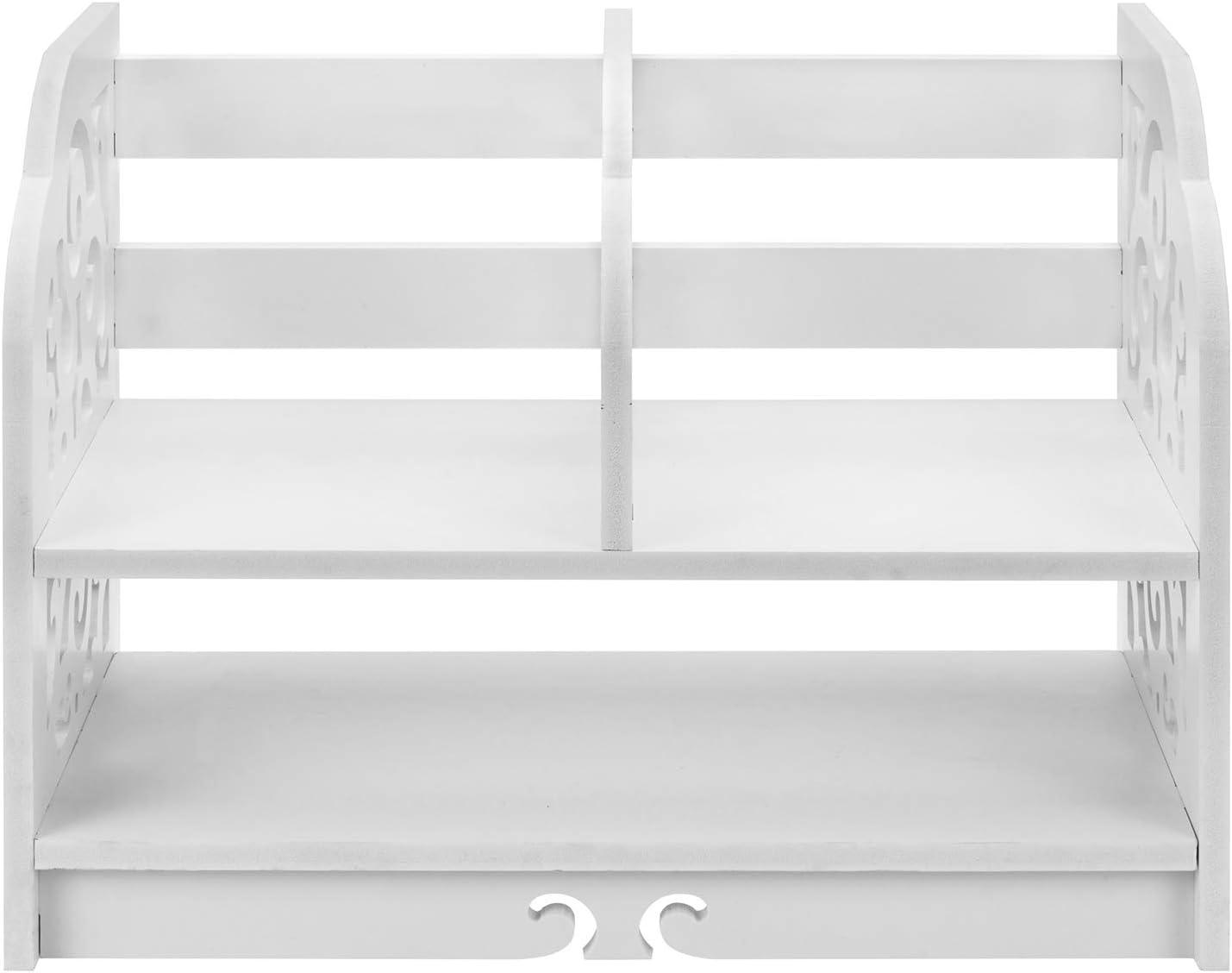 imageMyGift 2Tier White Openwork Design Desktop Book and Stationary Organizer Rack Countertop Bookcase Shelf