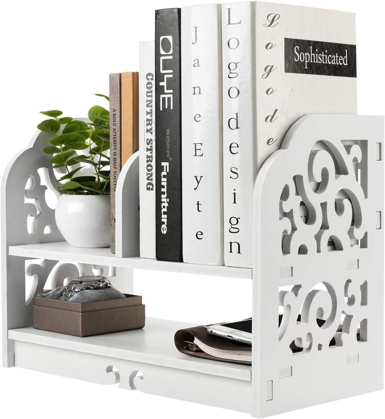 imageMyGift 2Tier White Openwork Design Desktop Book and Stationary Organizer Rack Countertop Bookcase Shelf