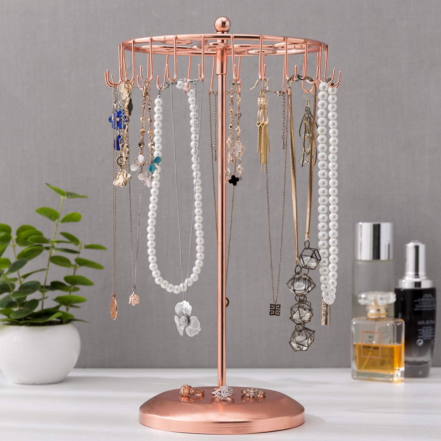 imageMyGift Freestanding Copper Tone Metal Rotating Jewelry Stand Organizer Display Tree with 24 Hooks for Bracelets Necklaces Hoop EarringsCopper