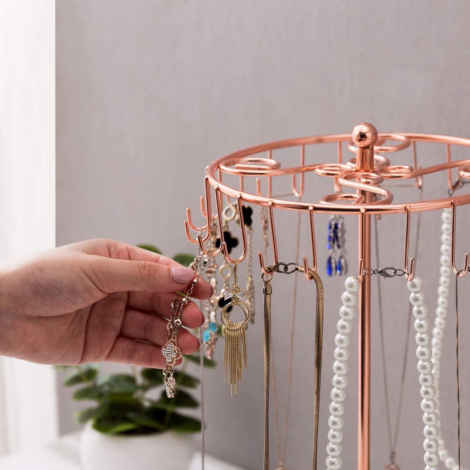 imageMyGift Freestanding Copper Tone Metal Rotating Jewelry Stand Organizer Display Tree with 24 Hooks for Bracelets Necklaces Hoop EarringsCopper