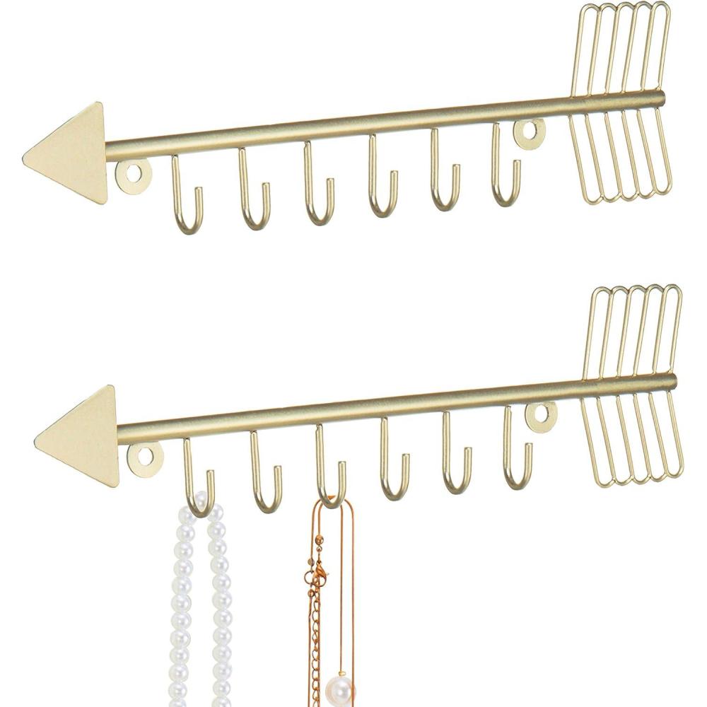 imageMyGift 12 Inch Wall Mounted Brass Tone Metal Arrow Shaped Jewelry Organizer Hanging Accessories Storage Display Rack with 6 Hooks for Necklaces Bracelets KeysBrass Set of 2