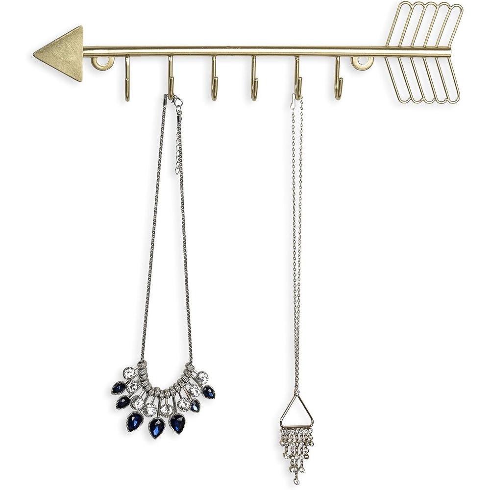 imageMyGift 12 Inch Wall Mounted Brass Tone Metal Arrow Shaped Jewelry Organizer Hanging Accessories Storage Display Rack with 6 Hooks for Necklaces Bracelets KeysSatin Brass
