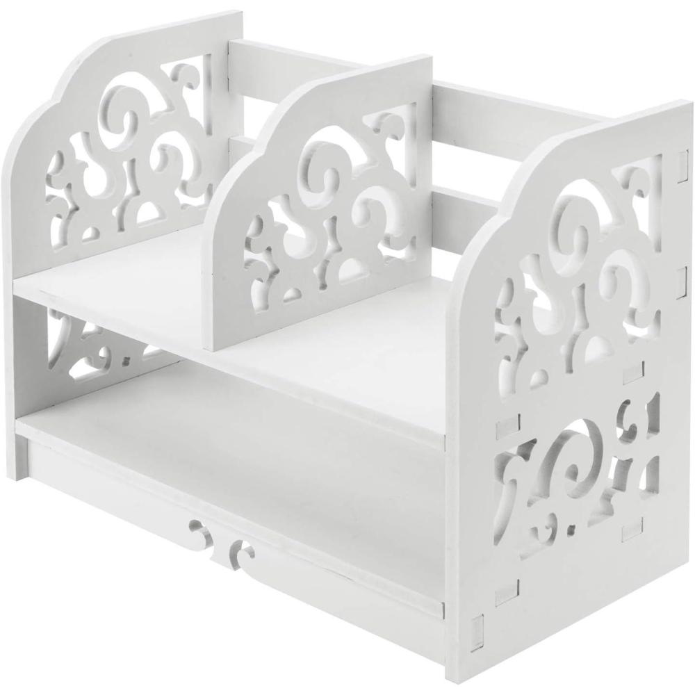 imageMyGift 2Tier White Openwork Design Desktop Book and Stationary Organizer Rack Countertop Bookcase Shelf