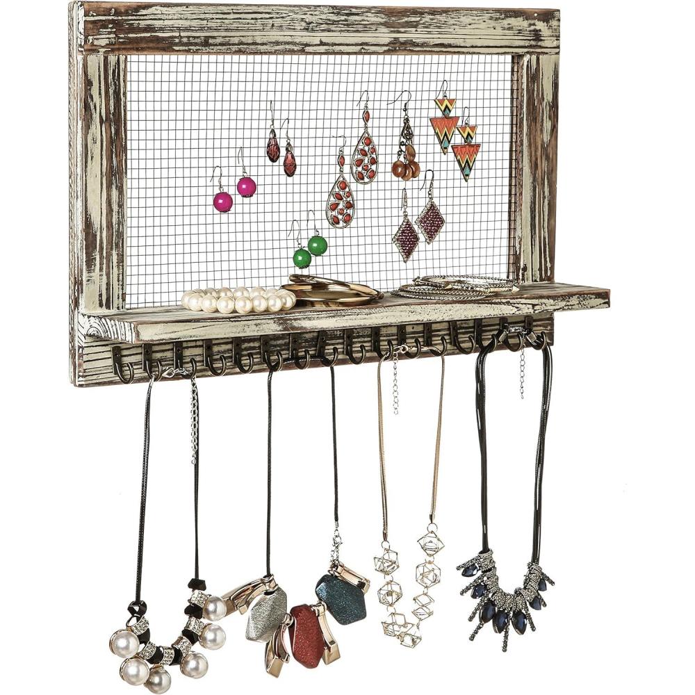 imageMyGift Distressed Wood Wall Mounted Jewelry Earring Bracelet Organizer Display Shelf with 16 Necklace Hooks