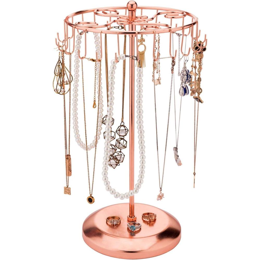 imageMyGift Freestanding Copper Tone Metal Rotating Jewelry Stand Organizer Display Tree with 24 Hooks for Bracelets Necklaces Hoop EarringsCopper