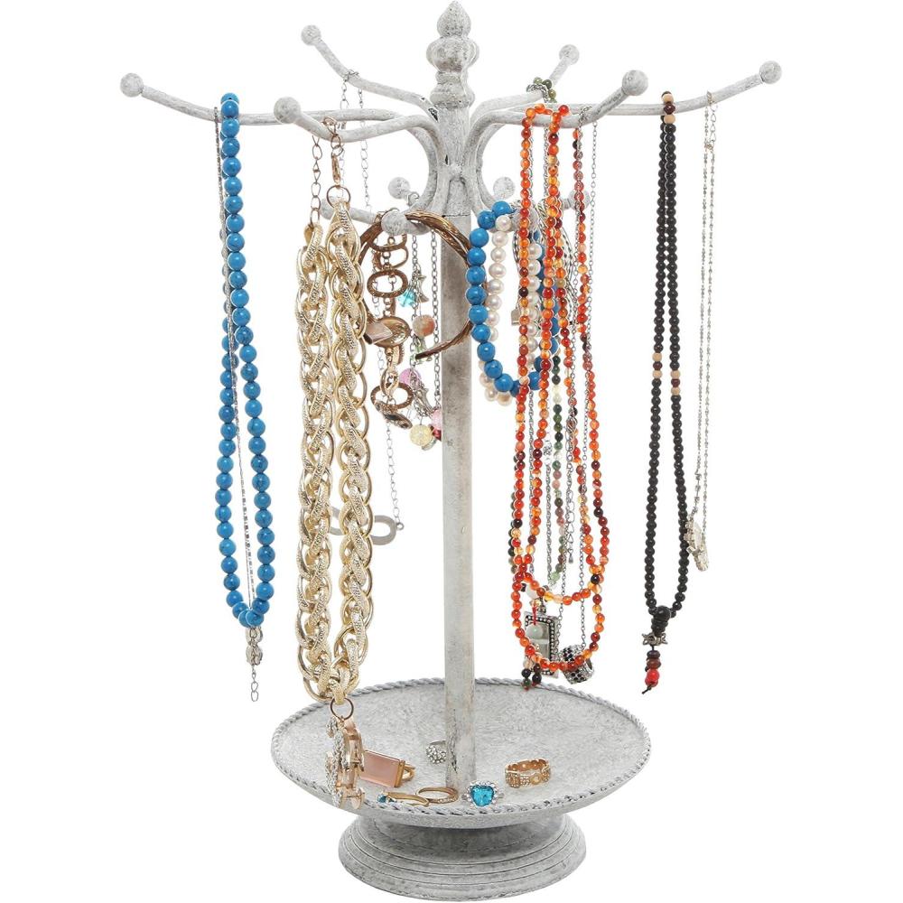 imageMyGift Freestanding Copper Tone Metal Rotating Jewelry Stand Organizer Display Tree with 24 Hooks for Bracelets Necklaces Hoop EarringsWhite