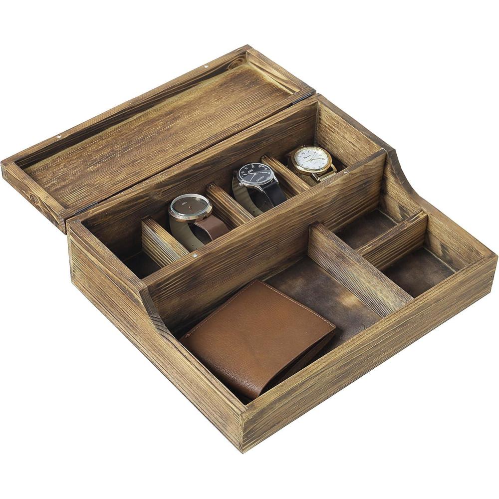 imageMyGift Rustic Burnt Wood Watch Display Case and Valet Storage Jewelry Box Organizer for Men and Women AccessoriesBurnt Wood