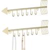 MyGift 12 Inch Wall Mounted Brass Tone Metal Arrow Shaped Jewelry Organizer, Hanging Accessories Storage Display Rack with 6 Hooks for Necklaces Bracelets Keys(Brass (Set of 2))