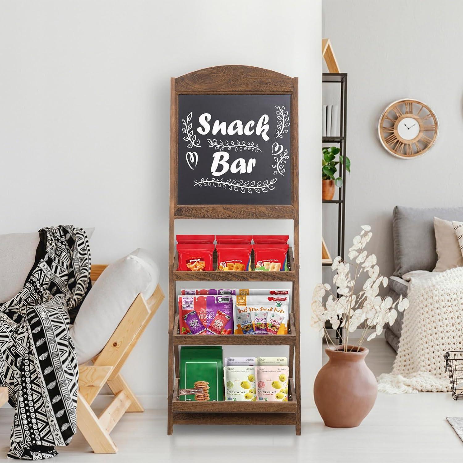 imageMyGift Vintage White Wood Freestanding Chalkboard Easel with 3Tiered Display Shelves Decorative Chalkboard Plant Shelf StandRustic Burnt Brown