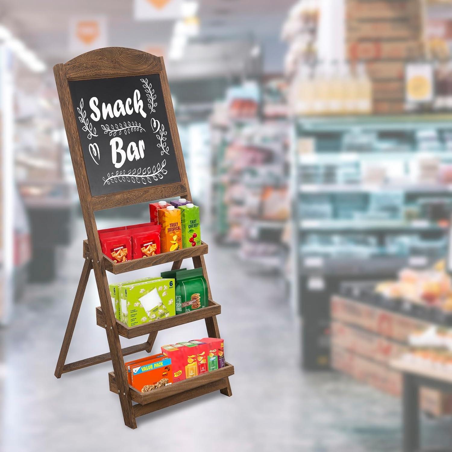 imageMyGift Vintage White Wood Freestanding Chalkboard Easel with 3Tiered Display Shelves Decorative Chalkboard Plant Shelf StandRustic Burnt Brown