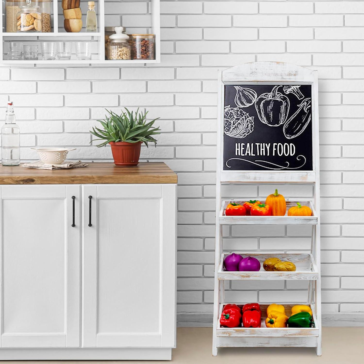 imageMyGift Vintage White Wood Freestanding Chalkboard Easel with 3Tiered Display Shelves Decorative Chalkboard Plant Shelf StandShabby Whitewashed