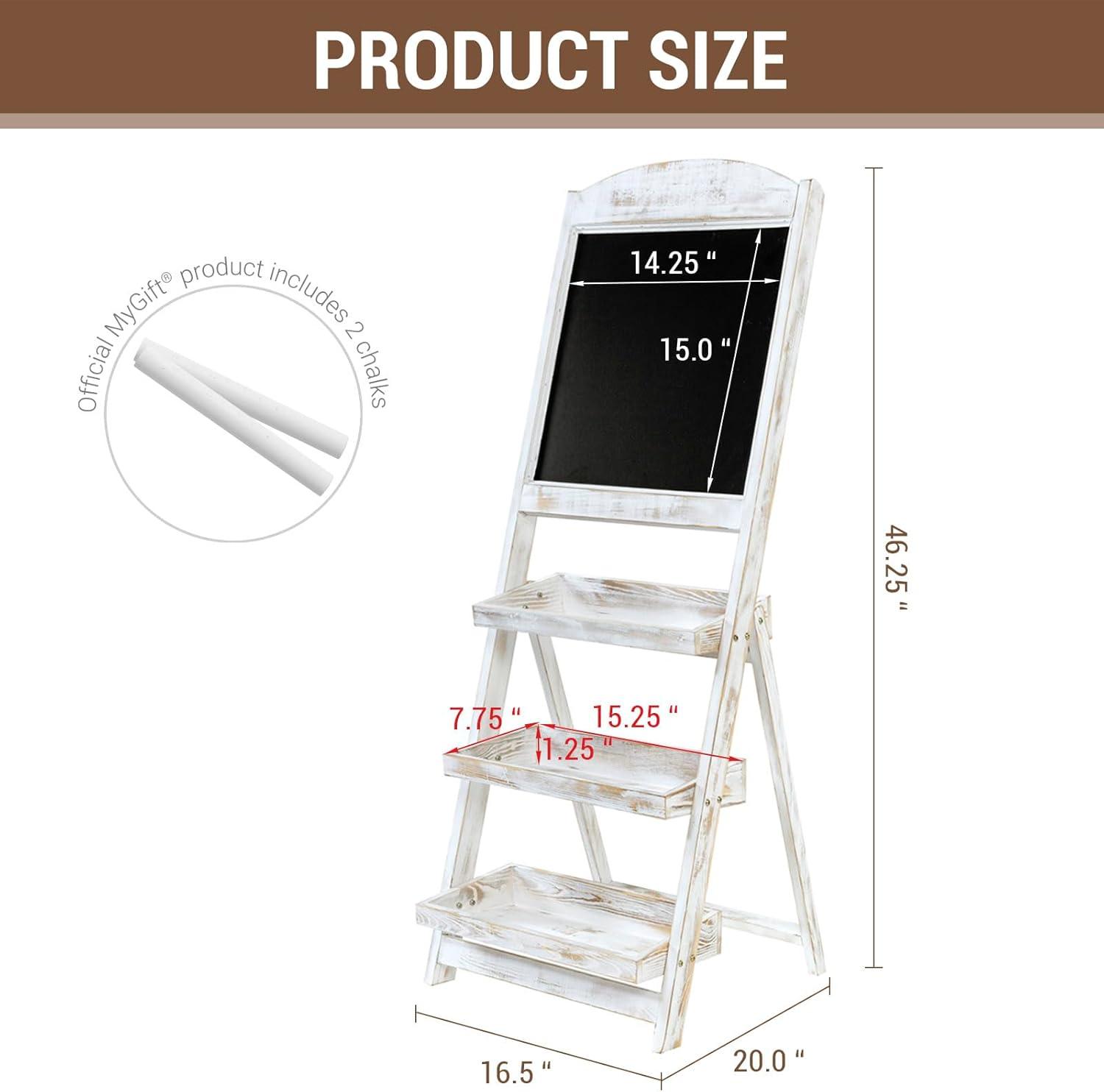 imageMyGift Vintage White Wood Freestanding Chalkboard Easel with 3Tiered Display Shelves Decorative Chalkboard Plant Shelf StandShabby Whitewashed