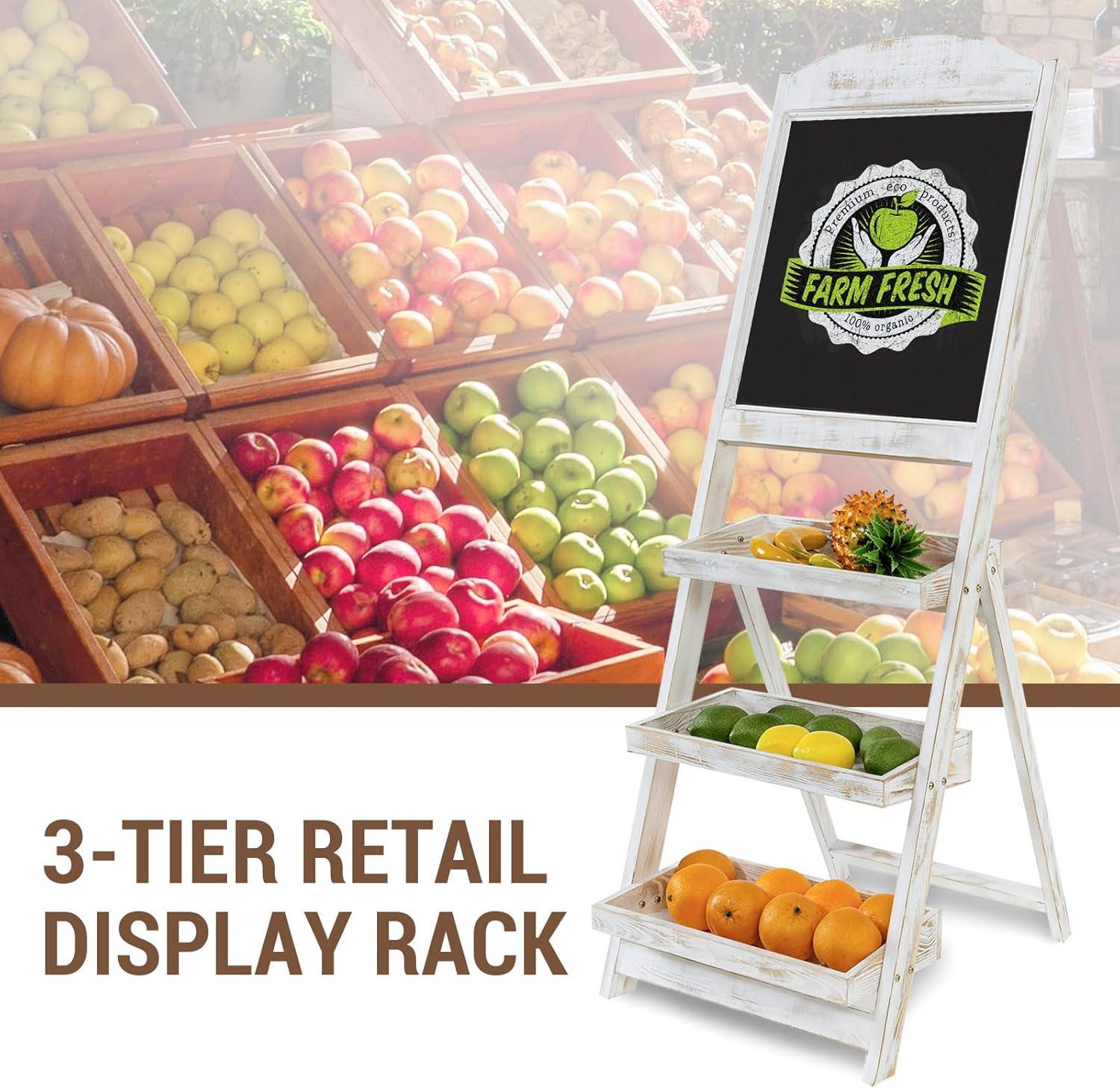 imageMyGift Vintage White Wood Freestanding Chalkboard Easel with 3Tiered Display Shelves Decorative Chalkboard Plant Shelf StandShabby Whitewashed