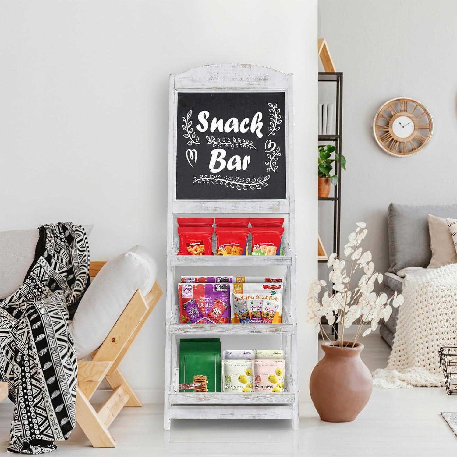 imageMyGift Vintage White Wood Freestanding Chalkboard Easel with 3Tiered Display Shelves Decorative Chalkboard Plant Shelf StandShabby Whitewashed