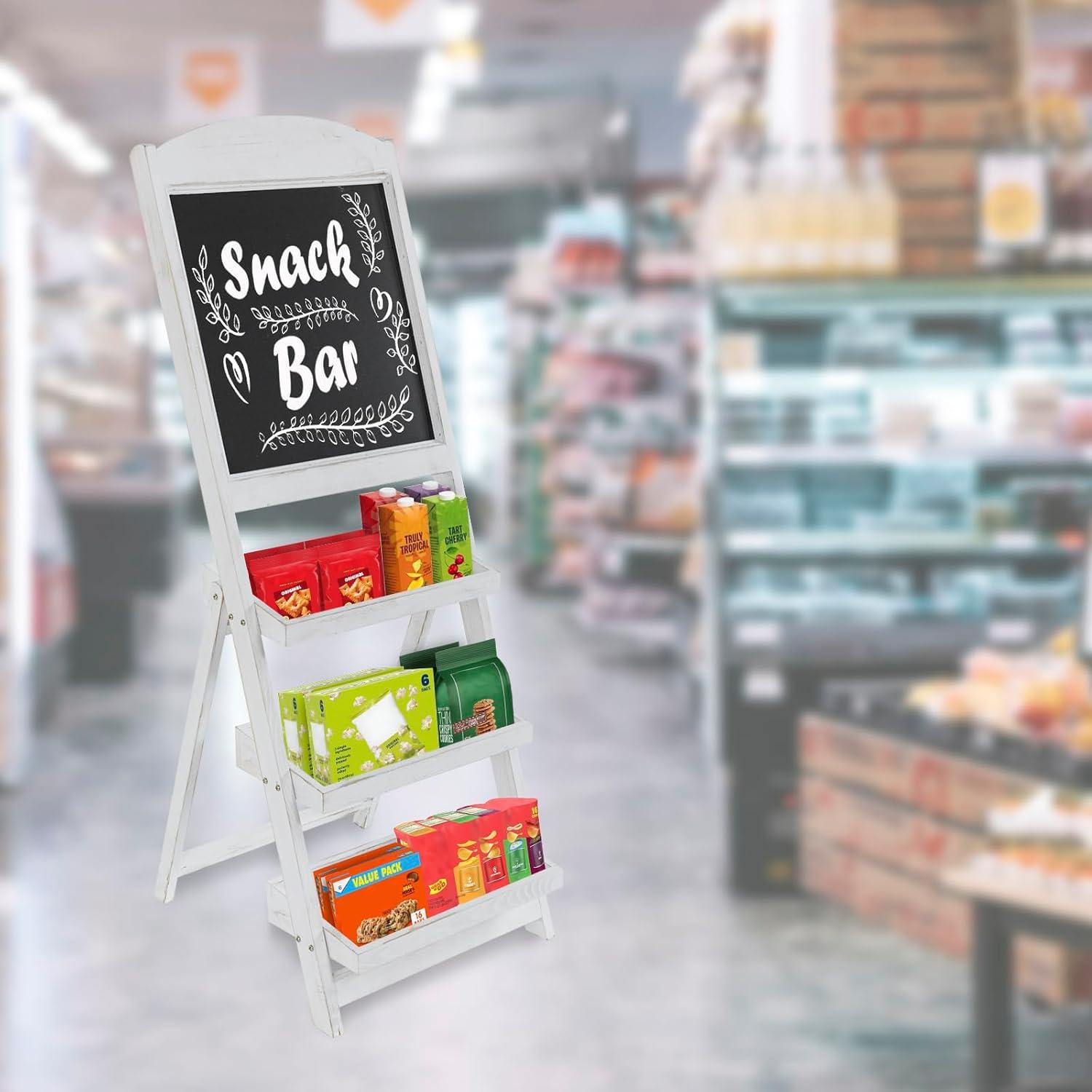 imageMyGift Vintage White Wood Freestanding Chalkboard Easel with 3Tiered Display Shelves Decorative Chalkboard Plant Shelf StandVintage White