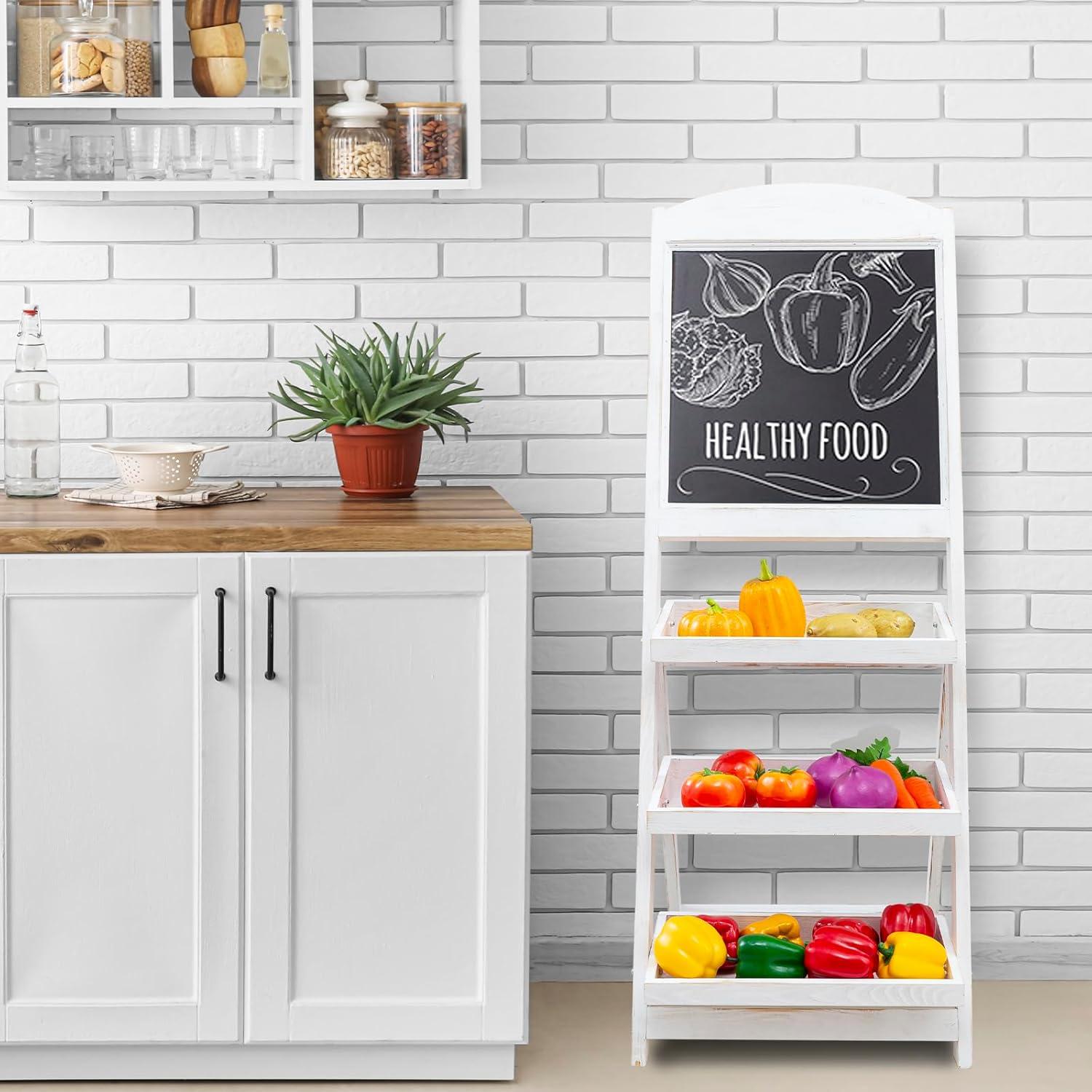 imageMyGift Vintage White Wood Freestanding Chalkboard Easel with 3Tiered Display Shelves Decorative Chalkboard Plant Shelf StandVintage White