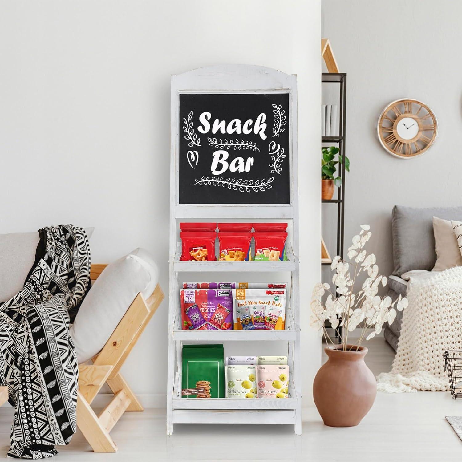 imageMyGift Vintage White Wood Freestanding Chalkboard Easel with 3Tiered Display Shelves Decorative Chalkboard Plant Shelf StandVintage White