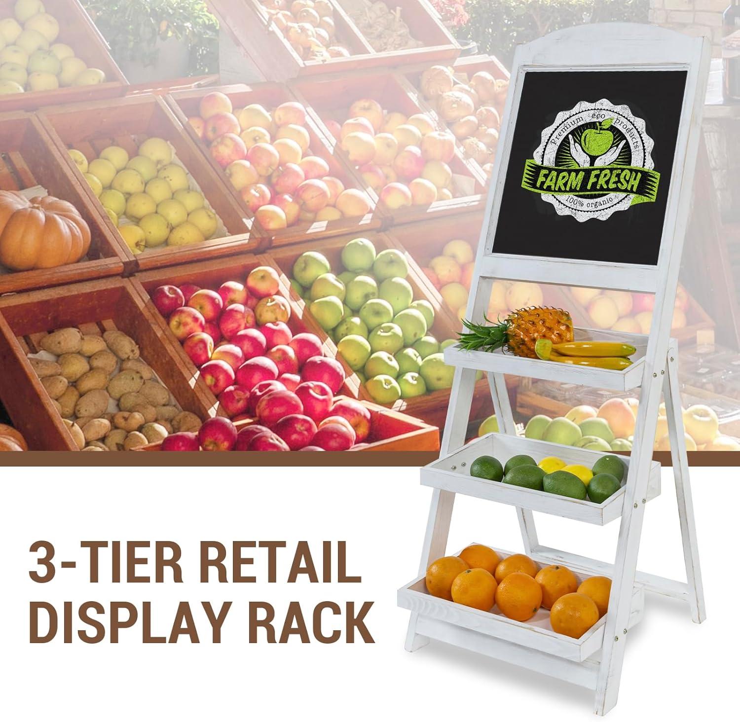 imageMyGift Vintage White Wood Freestanding Chalkboard Easel with 3Tiered Display Shelves Decorative Chalkboard Plant Shelf StandVintage White