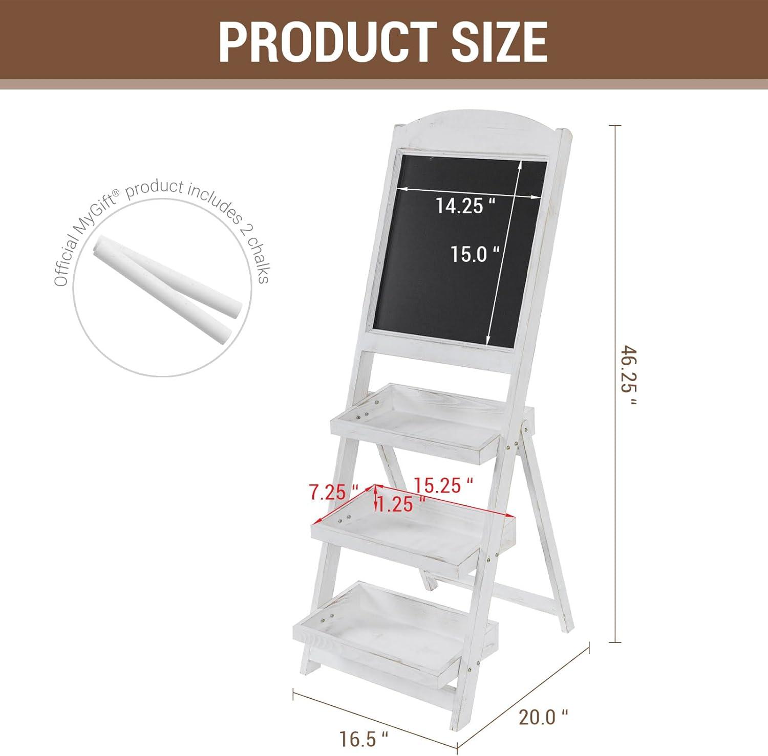 imageMyGift Vintage White Wood Freestanding Chalkboard Easel with 3Tiered Display Shelves Decorative Chalkboard Plant Shelf StandVintage White