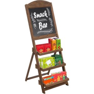 MyGift Vintage White Wood Freestanding Chalkboard Easel with 3-Tiered Display Shelves, Decorative Chalkboard Plant Shelf Stand(Rustic Burnt Brown)