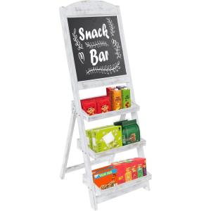 MyGift Vintage White Wood Freestanding Chalkboard Easel with 3-Tiered Display Shelves, Decorative Chalkboard Plant Shelf Stand(Shabby Whitewashed)