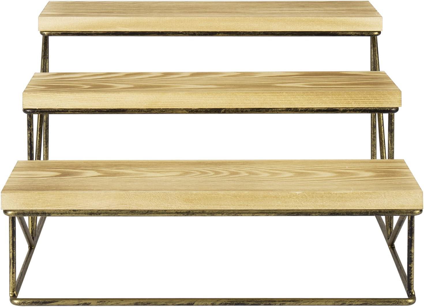 imageMyGift 3Tier Dessert Table Display Set Brown Wood Tiered Tray Stand Decorative Serving Tray for PartyBrown Brass