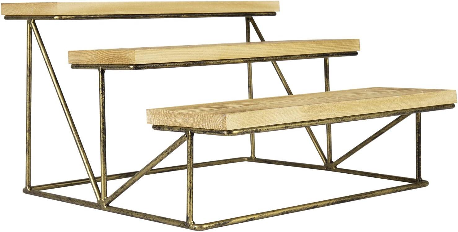 imageMyGift 3Tier Dessert Table Display Set Brown Wood Tiered Tray Stand Decorative Serving Tray for PartyBrown Brass