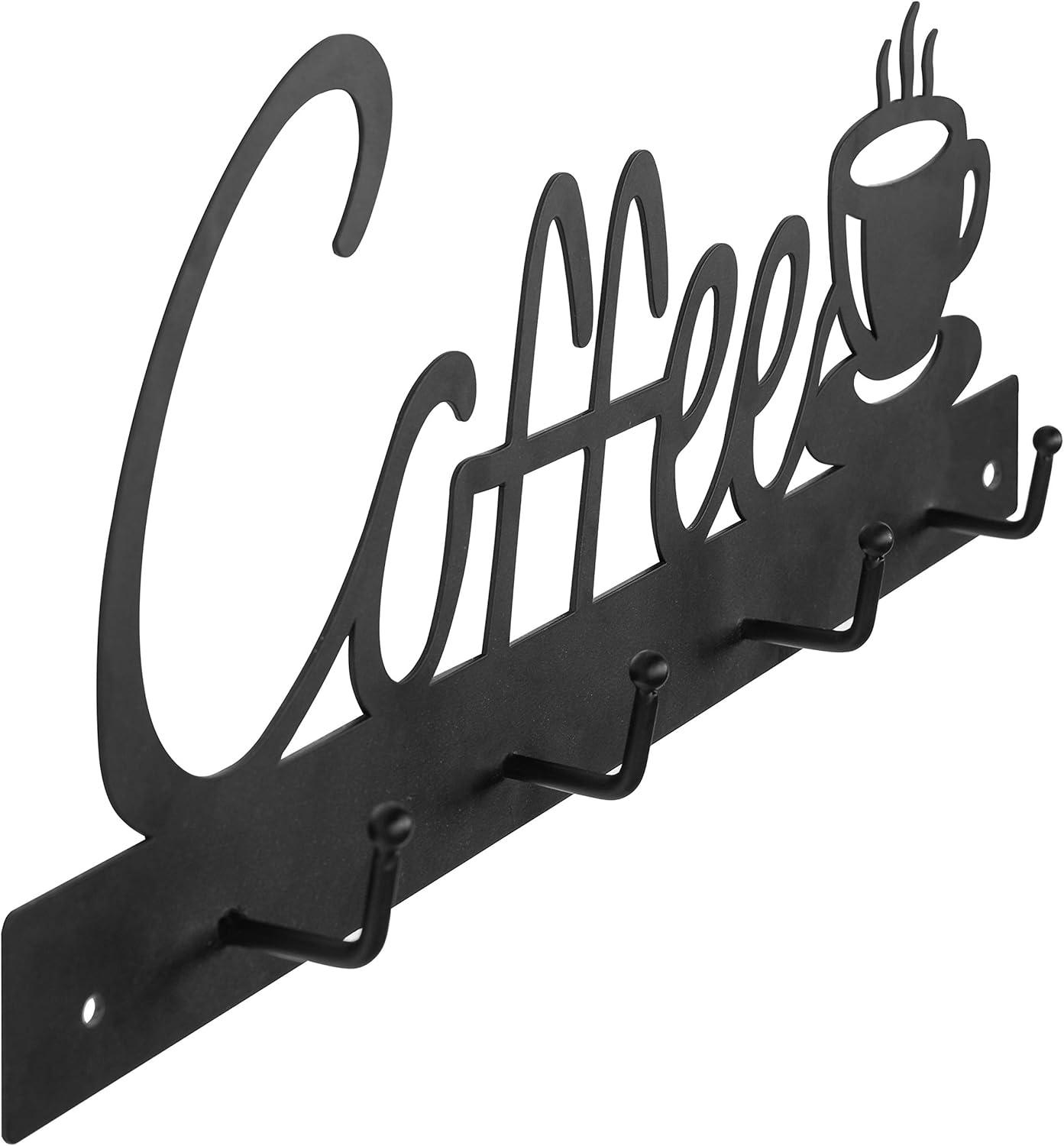 imageMyGift Black Metal Coffee Mug Rack Wall Mounted Holder with 4 Hooks and Coffee Word Sign and Cup Cutout DesignBlack