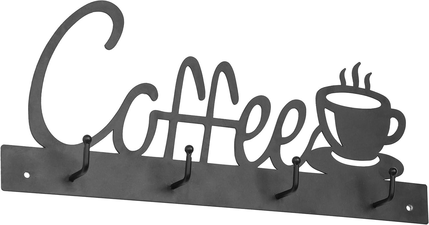 imageMyGift Black Metal Coffee Mug Rack Wall Mounted Holder with 4 Hooks and Coffee Word Sign and Cup Cutout DesignBlack