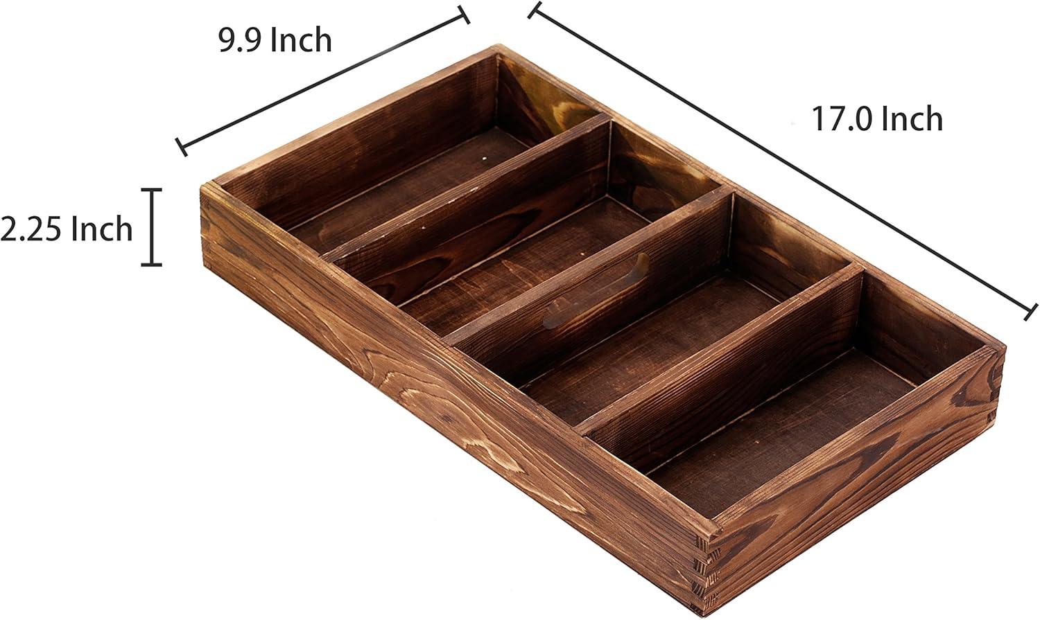 imageMyGift Burnt Wood Drawer Organizer Tray with 4 Slots Multipurpose Utensil Cutlery Tools Wooden Bin