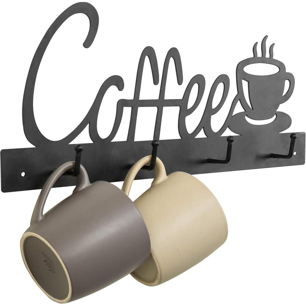 imageMyGift Black Metal Coffee Mug Rack Wall Mounted Holder with 4 Hooks and Coffee Word Sign and Cup Cutout DesignBlack