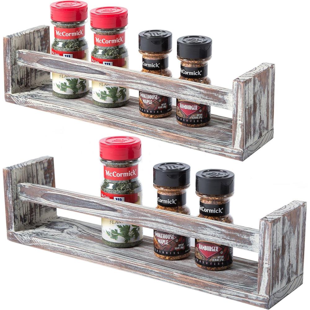 imageMyGift Torched Wood Spice Rack Wall Mount Hanging Kitchen Seasoning Jar and Condiment Display Shelves Set of 2