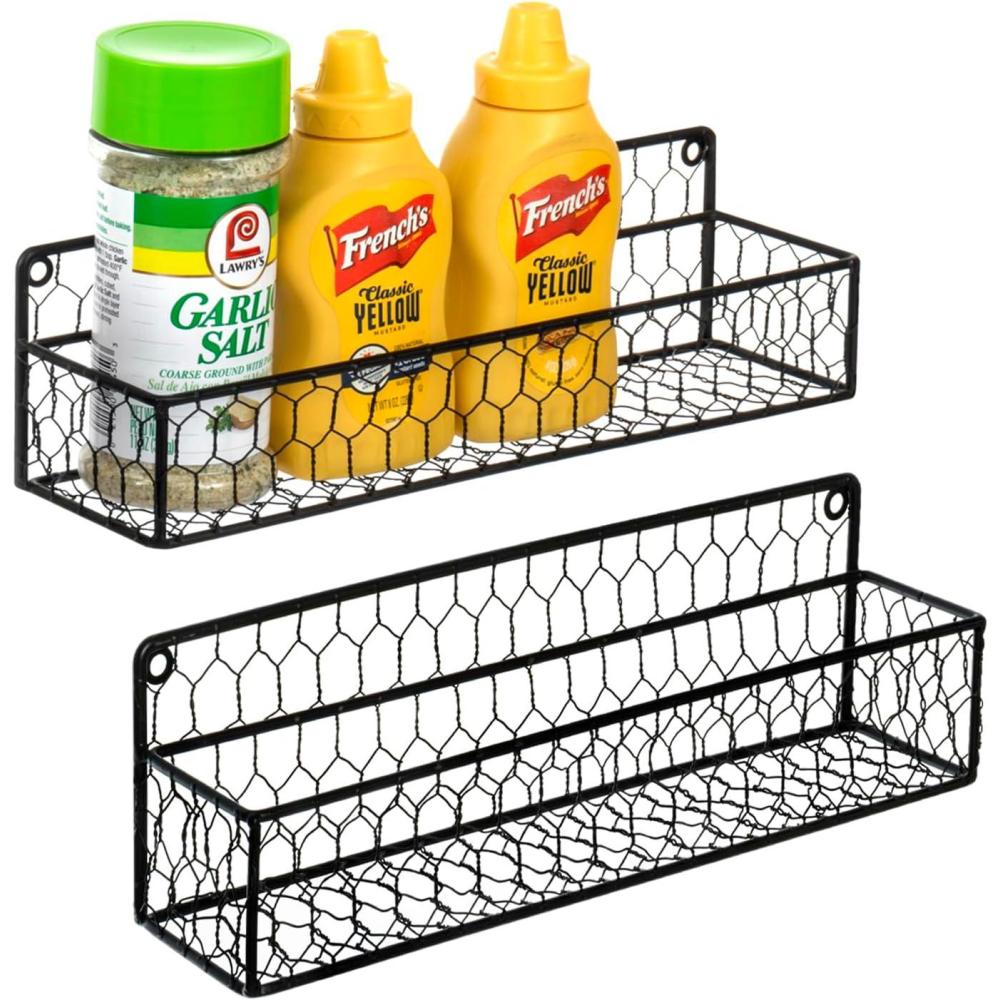 imageMyGift Wall Mountable Spice Rack Shelf Organizer 12Inch Black Chicken Wire Hanging Kitchen Seasoning Condiment Storage Display Rack Set of 2Set of 2