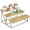 MyGift 3-Tier Dessert Table Display Set, Brown Wood Tiered Tray Stand, Decorative Serving Tray for Party(Brown & Brass)