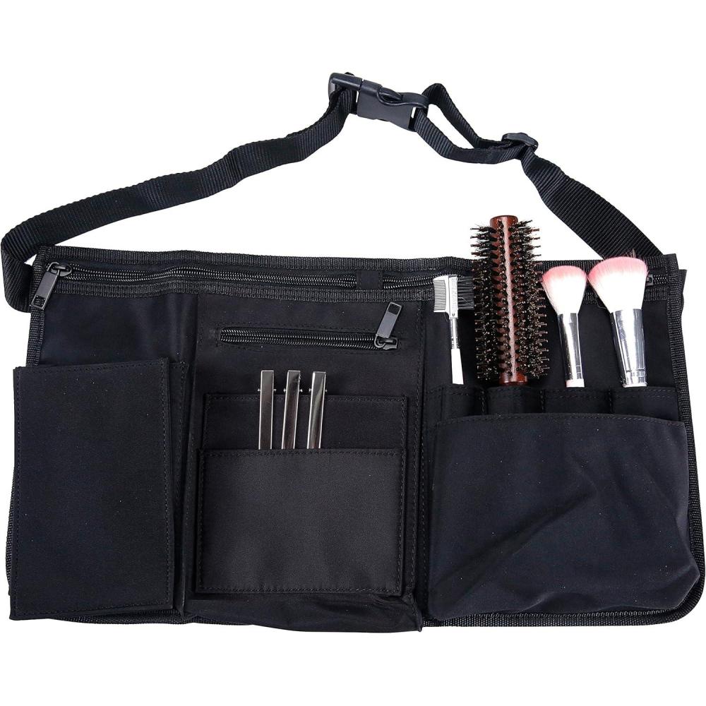 imageMyGift Professional Black Salon Apron Makeup Artist Cosmetic Canvas Waist Apron Multiple Pocket Brush Bag Organizer