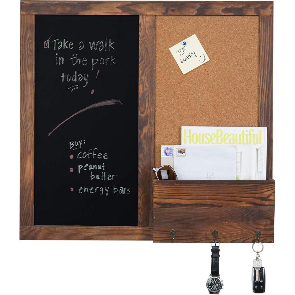 imageMyGift Whitewashed Wood Entryway Family Command Center Wall Organizer with Chalkboard Cork Board Mail and Key HolderDrak Brown