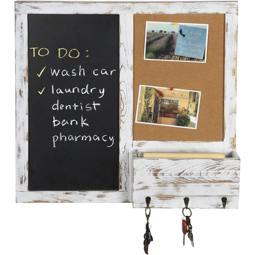 imageMyGift Whitewashed Wood Entryway Family Command Center Wall Organizer with Chalkboard Cork Board Mail and Key HolderWhitewashed