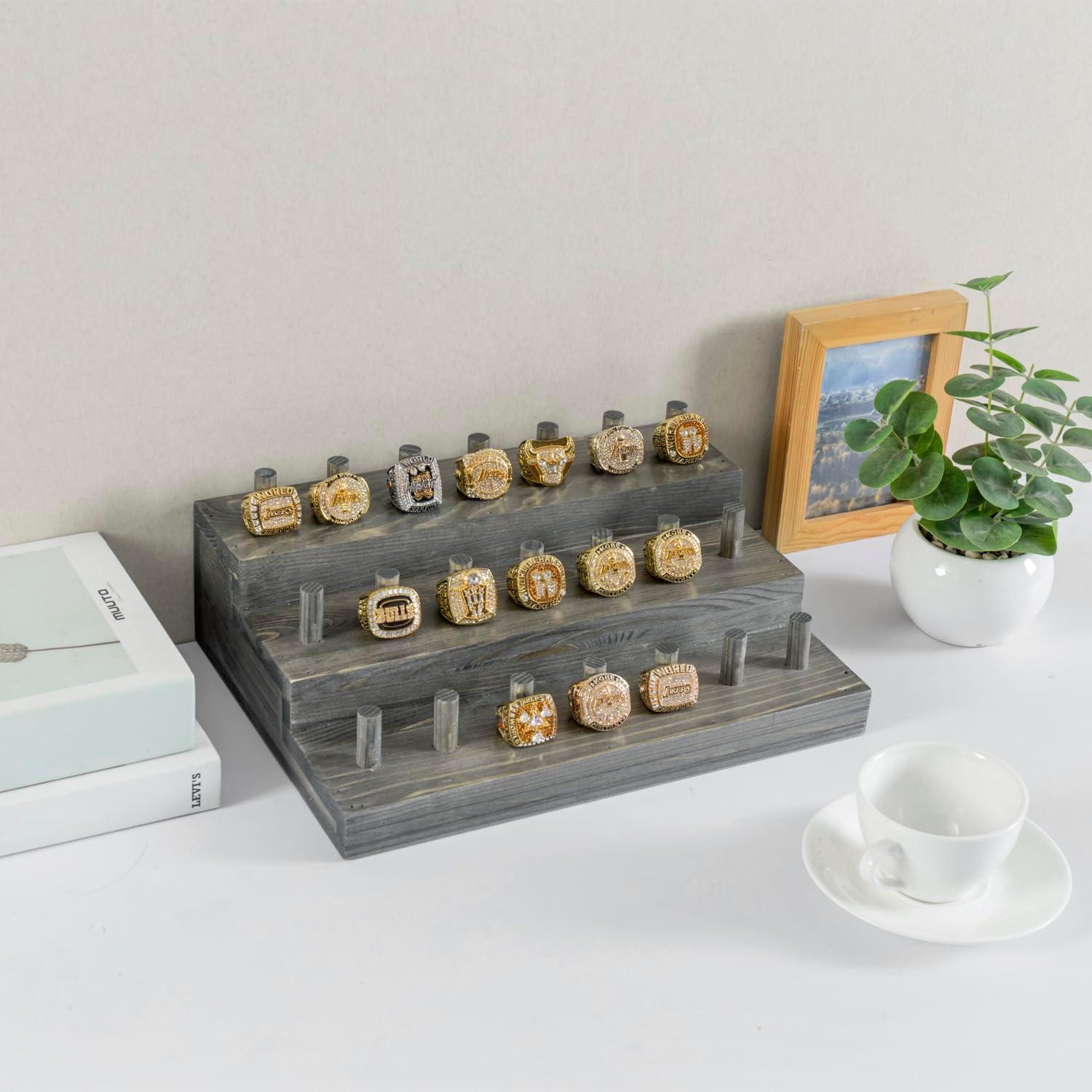 imageMyGift 21 Peg Vintage Weathered Gray Solid Wood Ring Holder Table Display 3 Tier Jewelry Storage Wooden Stand for Sports Championship Collectible Fan Rings