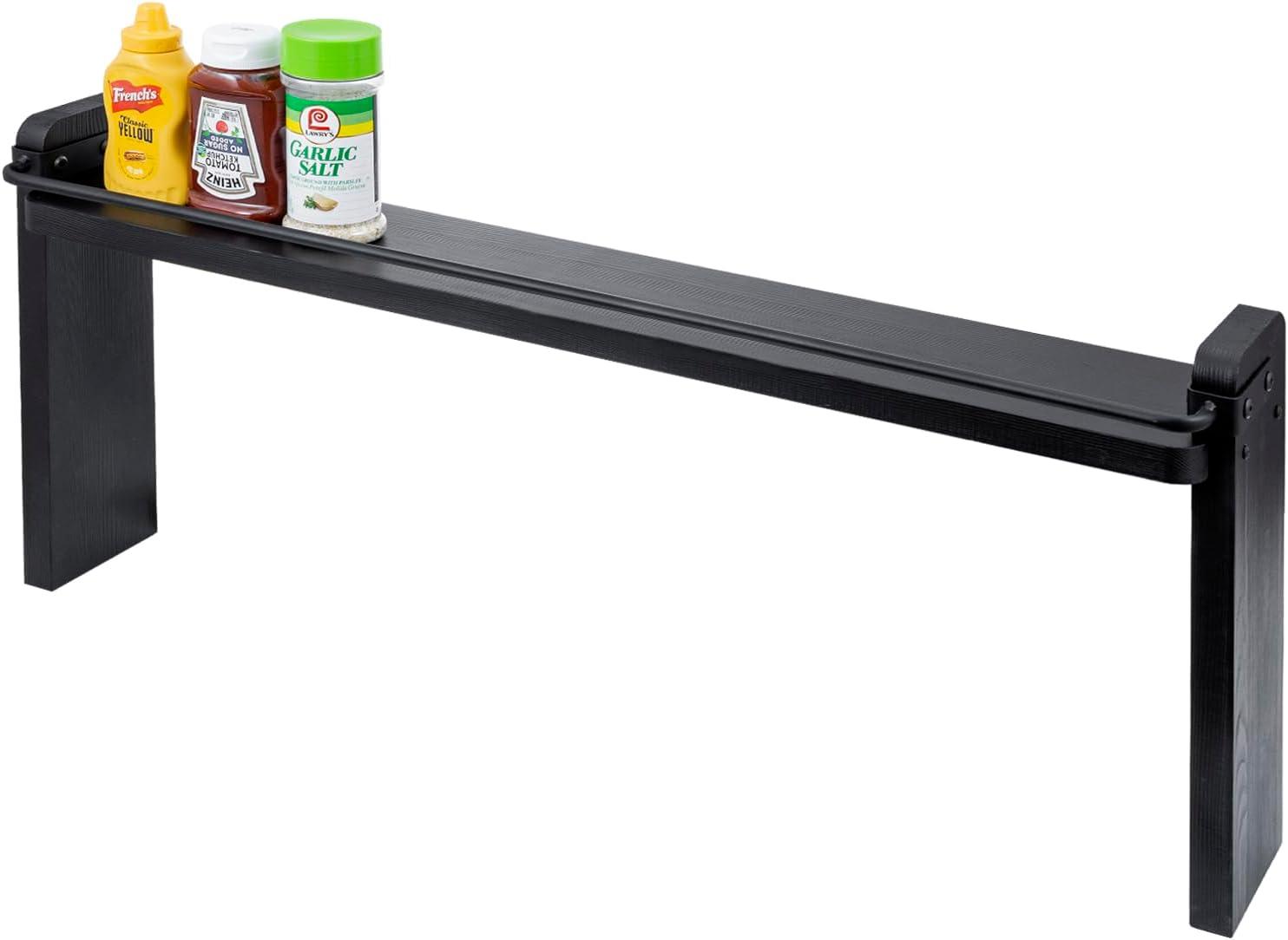 imageMyGift 33 Inch Stove Top Spice Rack Deluxe Rustic Burnt Solid Wood and Industrial Black Metal Space Saving Over The Stovetop Range Storage Display ShelfBlack