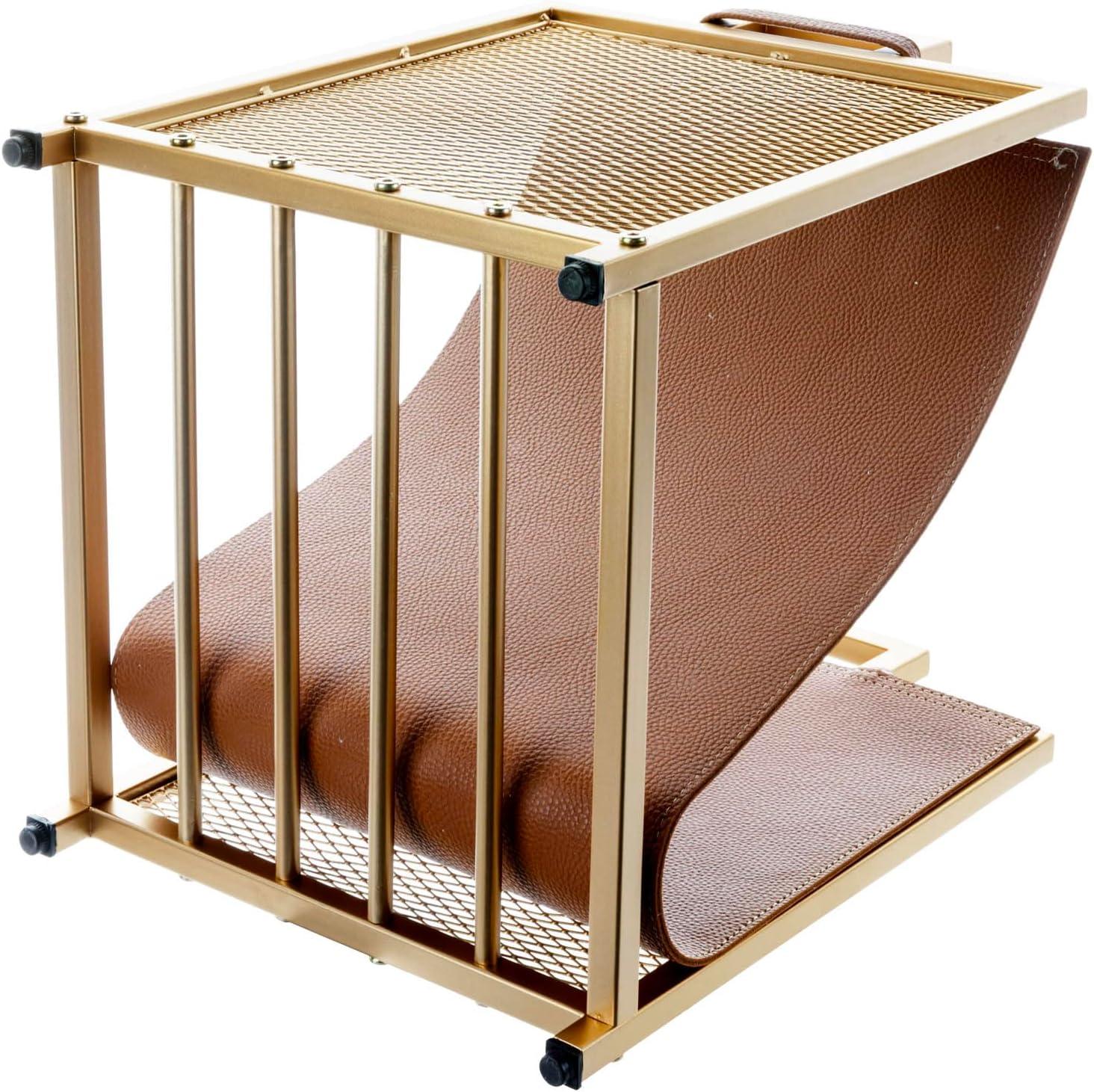 imageMyGift Modern Black Metal Firewood Stand Log Holder with Brown Leatherette Wood Sling Wire Mesh Design and Top Carrying Handles Compact Kindling Storage RackGold