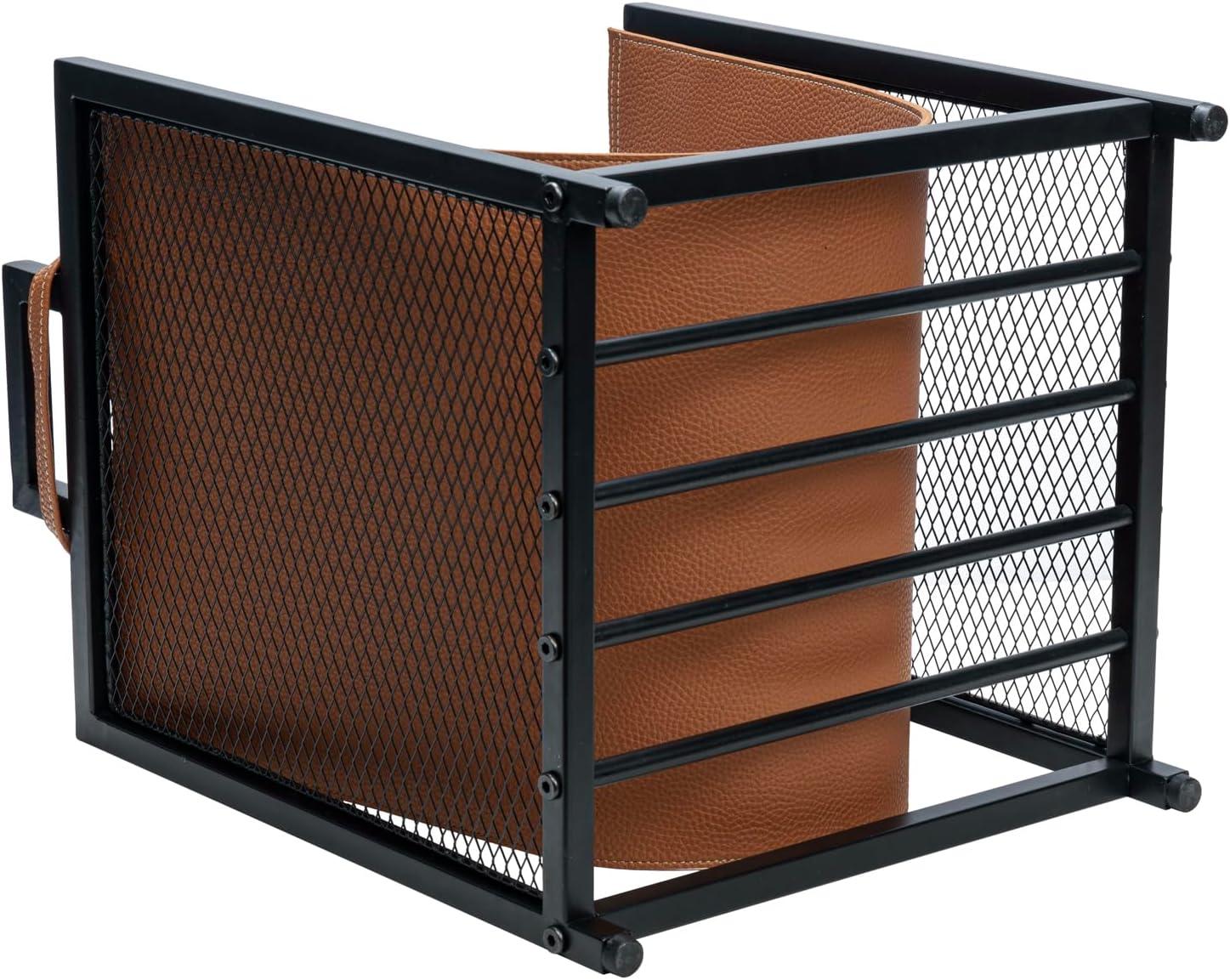 imageMyGift Modern Black Metal Firewood Stand Log Holder with Brown Leatherette Wood Sling Wire Mesh Design and Top Carrying Handles Compact Kindling Storage RackBlack
