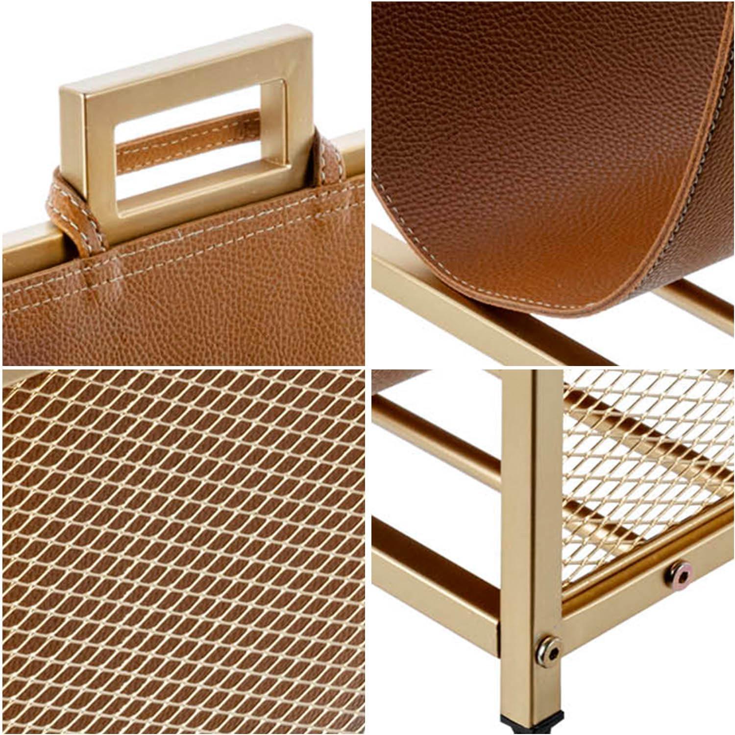 imageMyGift Modern Black Metal Firewood Stand Log Holder with Brown Leatherette Wood Sling Wire Mesh Design and Top Carrying Handles Compact Kindling Storage RackGold