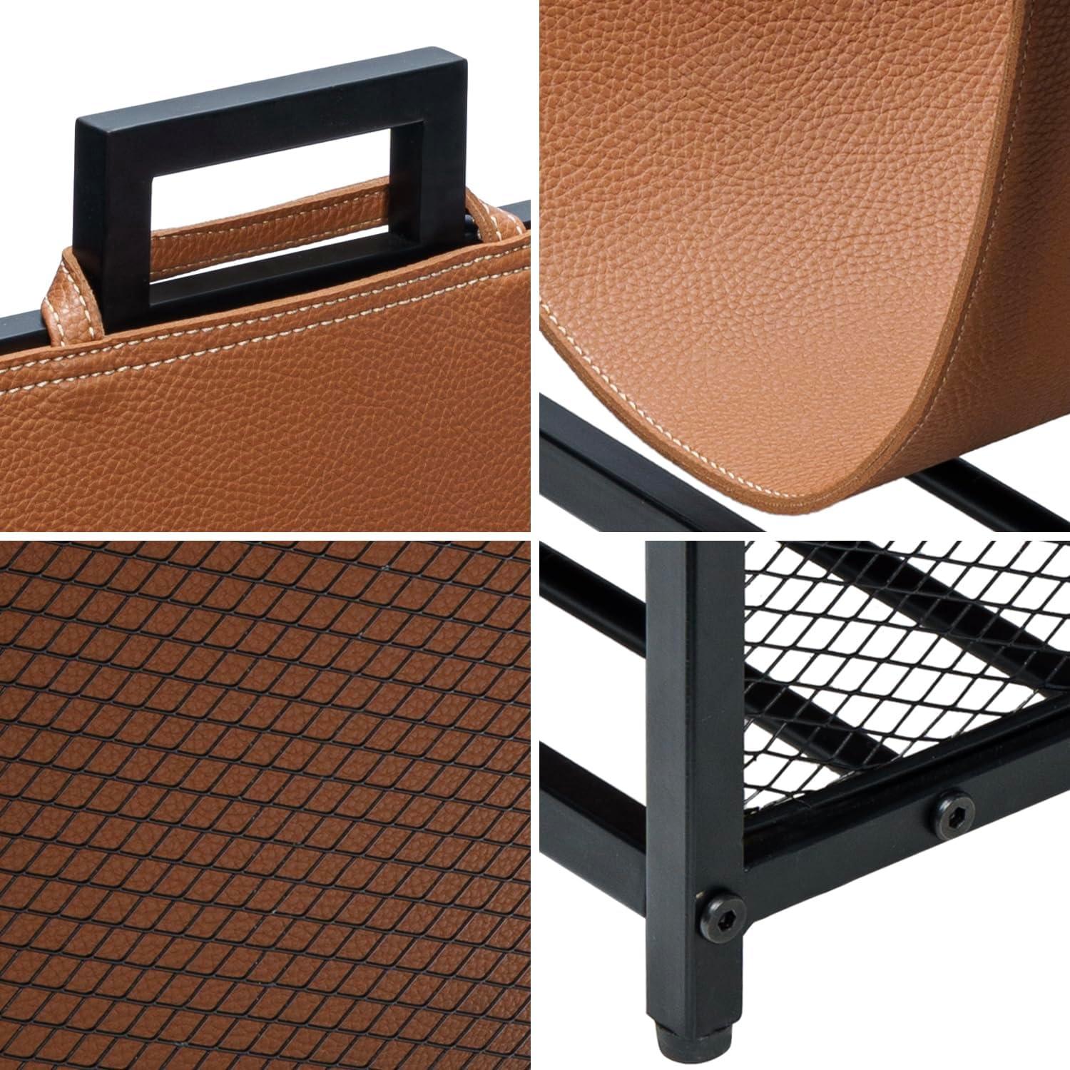 imageMyGift Modern Black Metal Firewood Stand Log Holder with Brown Leatherette Wood Sling Wire Mesh Design and Top Carrying Handles Compact Kindling Storage RackBlack