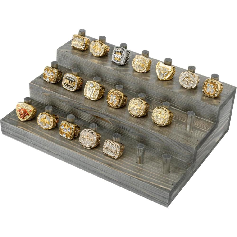 imageMyGift 21 Peg Vintage Weathered Gray Solid Wood Ring Holder Table Display 3 Tier Jewelry Storage Wooden Stand for Sports Championship Collectible Fan Rings
