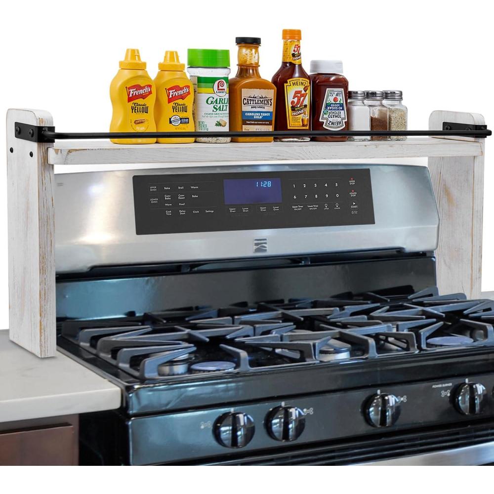 imageMyGift 33 Inch Stove Top Spice Rack Deluxe Rustic Burnt Solid Wood and Industrial Black Metal Space Saving Over The Stovetop Range Storage Display ShelfWhitewashed