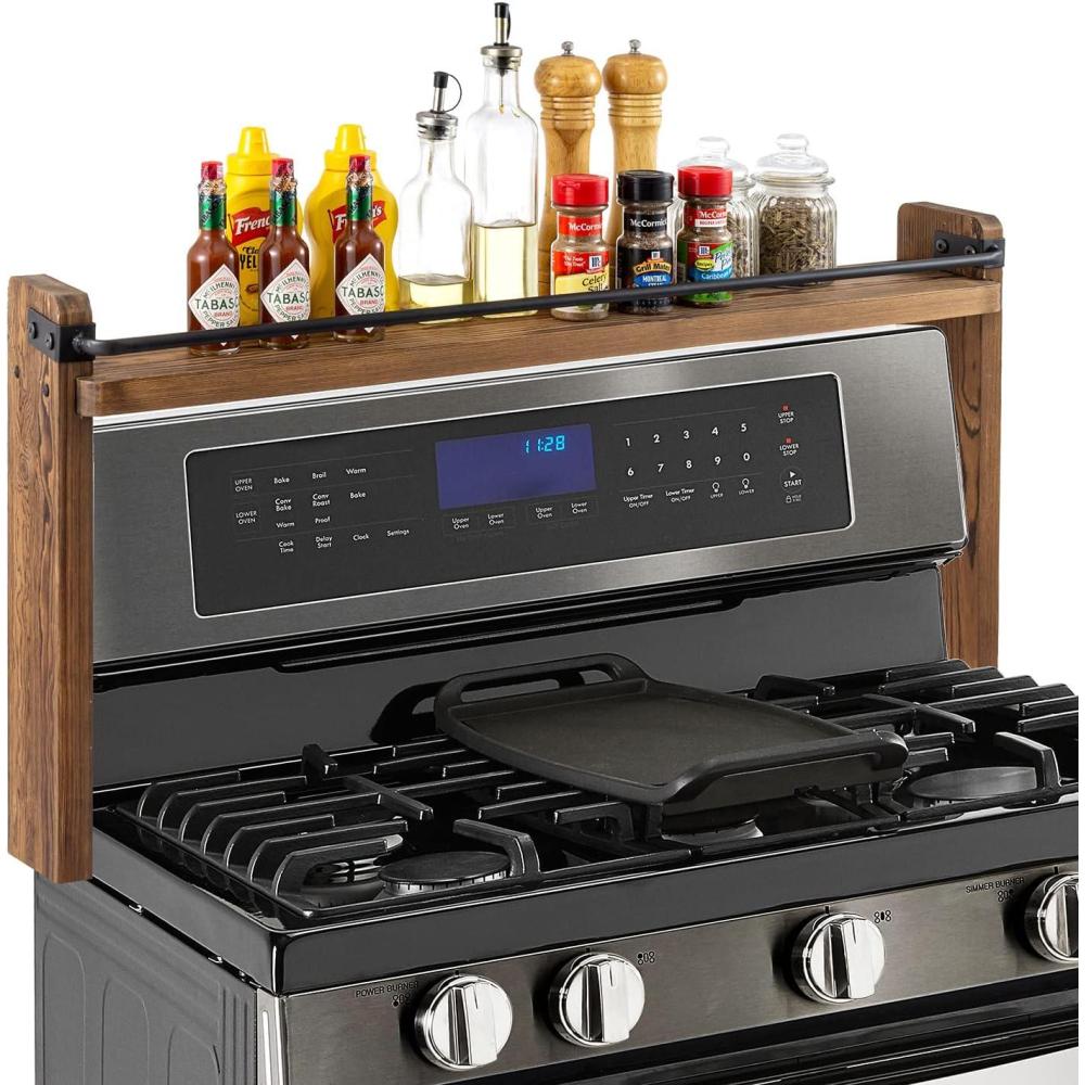 imageMyGift 33 Inch Stove Top Spice Rack Deluxe Rustic Burnt Solid Wood and Industrial Black Metal Space Saving Over The Stovetop Range Storage Display ShelfBurnt Wood