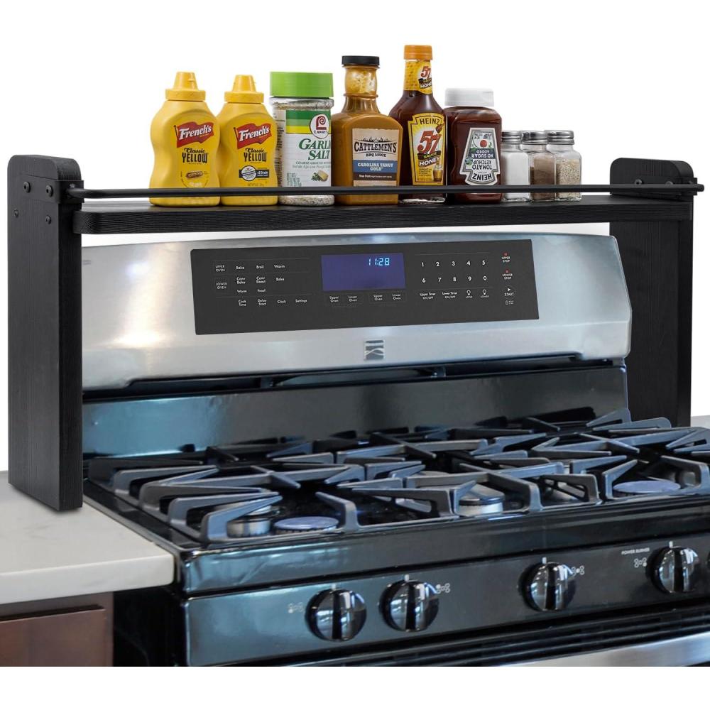 imageMyGift 33 Inch Stove Top Spice Rack Deluxe Rustic Burnt Solid Wood and Industrial Black Metal Space Saving Over The Stovetop Range Storage Display ShelfBlack