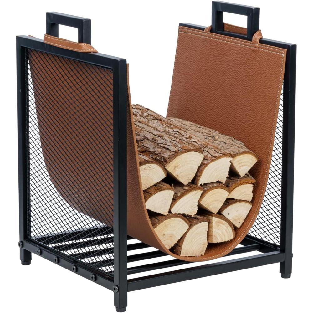 imageMyGift Modern Black Metal Firewood Stand Log Holder with Brown Leatherette Wood Sling Wire Mesh Design and Top Carrying Handles Compact Kindling Storage RackBlack