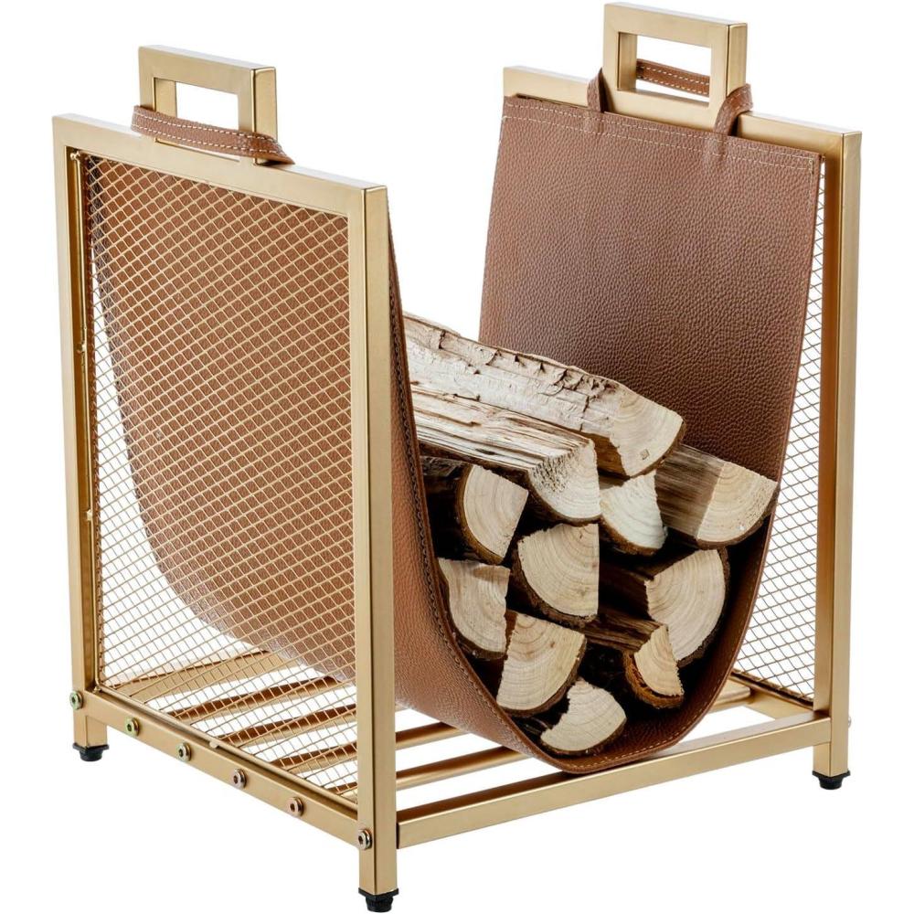 imageMyGift Modern Black Metal Firewood Stand Log Holder with Brown Leatherette Wood Sling Wire Mesh Design and Top Carrying Handles Compact Kindling Storage RackGold