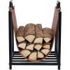 MyGift Modern Black Metal Firewood Stand Log Holder with Brown Leatherette Wood Sling, Wire Mesh Design and Top Carrying Handles, Compact Kindling Storage Rack(Black)
